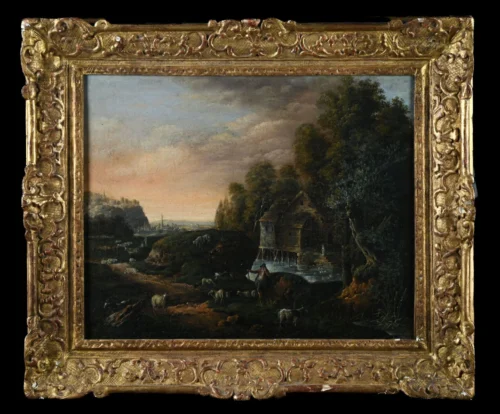 Landscape in genre style, painted in the style of the Flemish school, 20th century